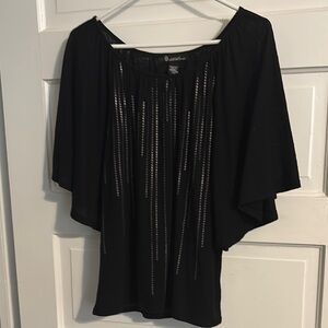 Connected Apparel Black Flutter Sleeve Blouse with Graphic Design
